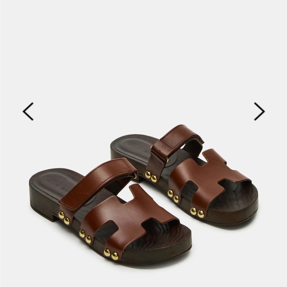 Brown Leather Slide Sandals with Gold Accents